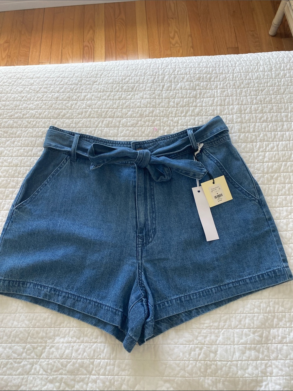 High-Rise Denim Paperbag Shorts with Tie Belt - Blue